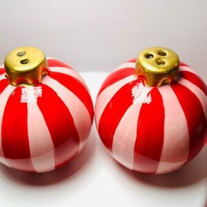 Ceramic Christmas Pink & Red Stripes Ball Ornament Salt & Pepper Shakers